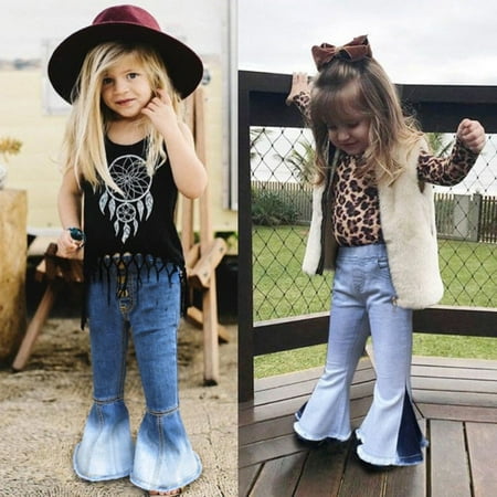 Waterluo Cute Cool Toddler Kids Baby Girls Bell-Bottoms Pants Denim Wide Leg Jeans Trousers 2-7Y